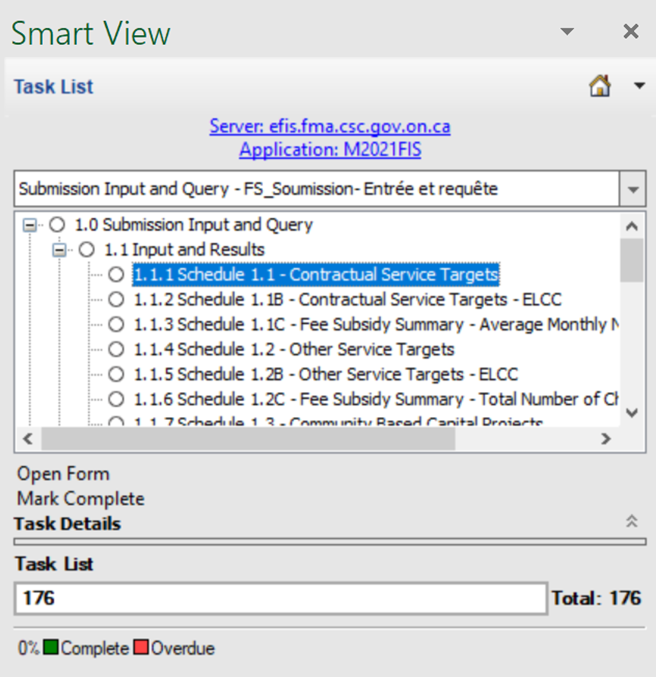 EFIS task list in Smart View, with Schedule 1.1 of M2021FIS selected